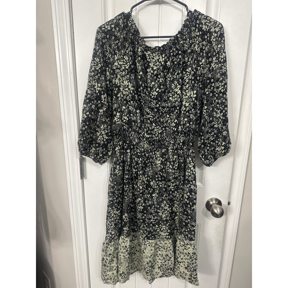 Knox Rose Black Green Floral Smocked Waist Midi Dress Womens Medium Boho Ruffle - Picture 8 of 12